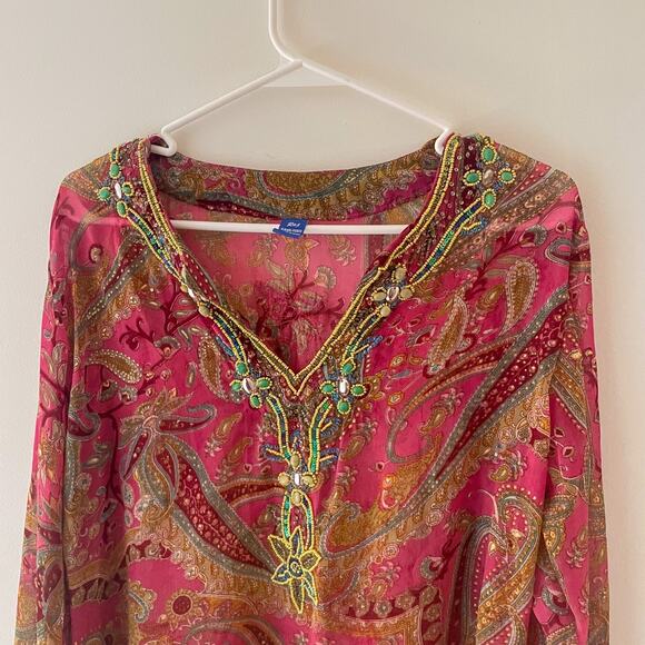 Raj 100% Silk Boho Paisley Tunic Top Beaded Pink Sheer Festival Kaftan Cover Up - Picture 3 of 10